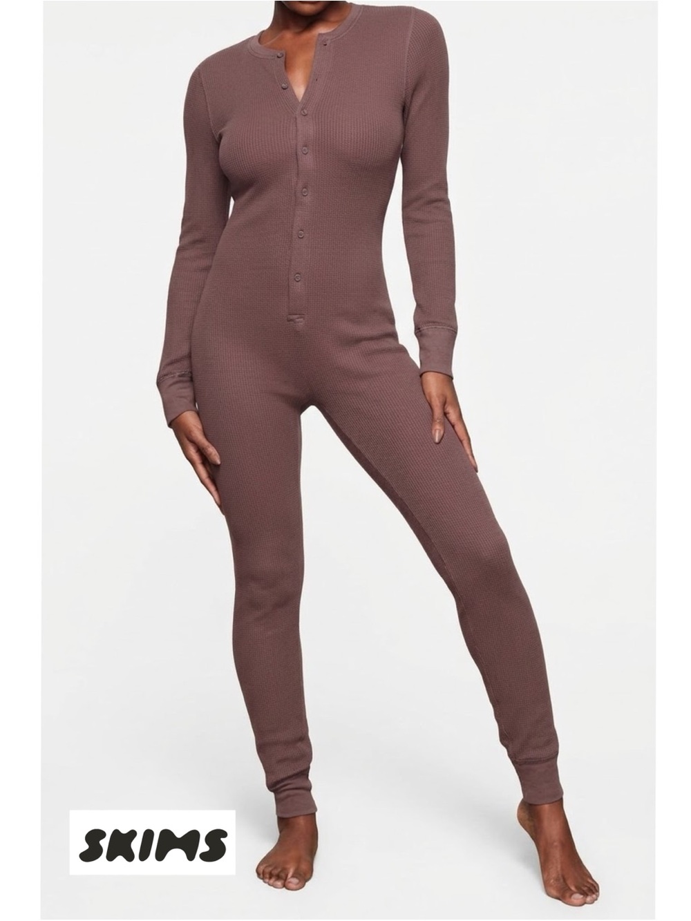 SKIMS Cotton Waffle Henley Onesie Jumpsuit Brown Medium M Loungewear